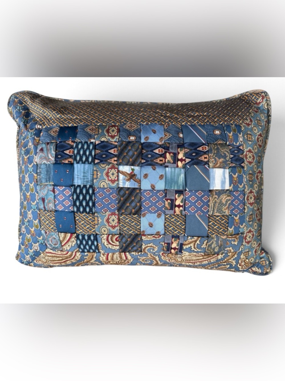 Silk Tie Blue Patchwork Accent Pillow Equestrian Hunting Paisley Eclectic Boho